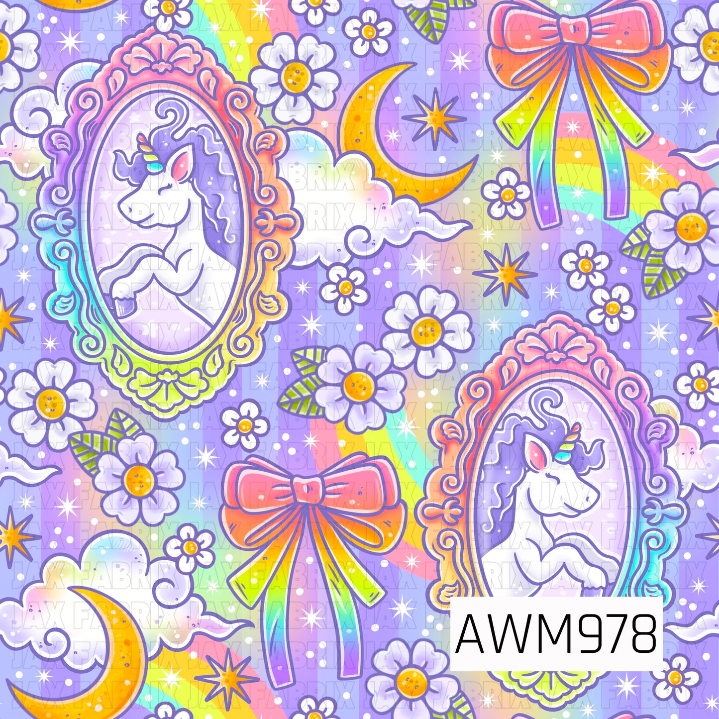 This dreamy seamless pattern features elegant unicorn portraits framed in ornate rainbow-accented mirrors, surrounded by pastel rainbows, crescent moons, fluffy clouds, sparkling stars, delicate flowers, and colorful ribbon bows. Set against a soft lavender background, the design blends shades of purple, pink, yellow, blue, and green for a whimsical fairy-tale aesthetic. Perfect for fabric, accessories, nursery décor, and magical handmade projects.
