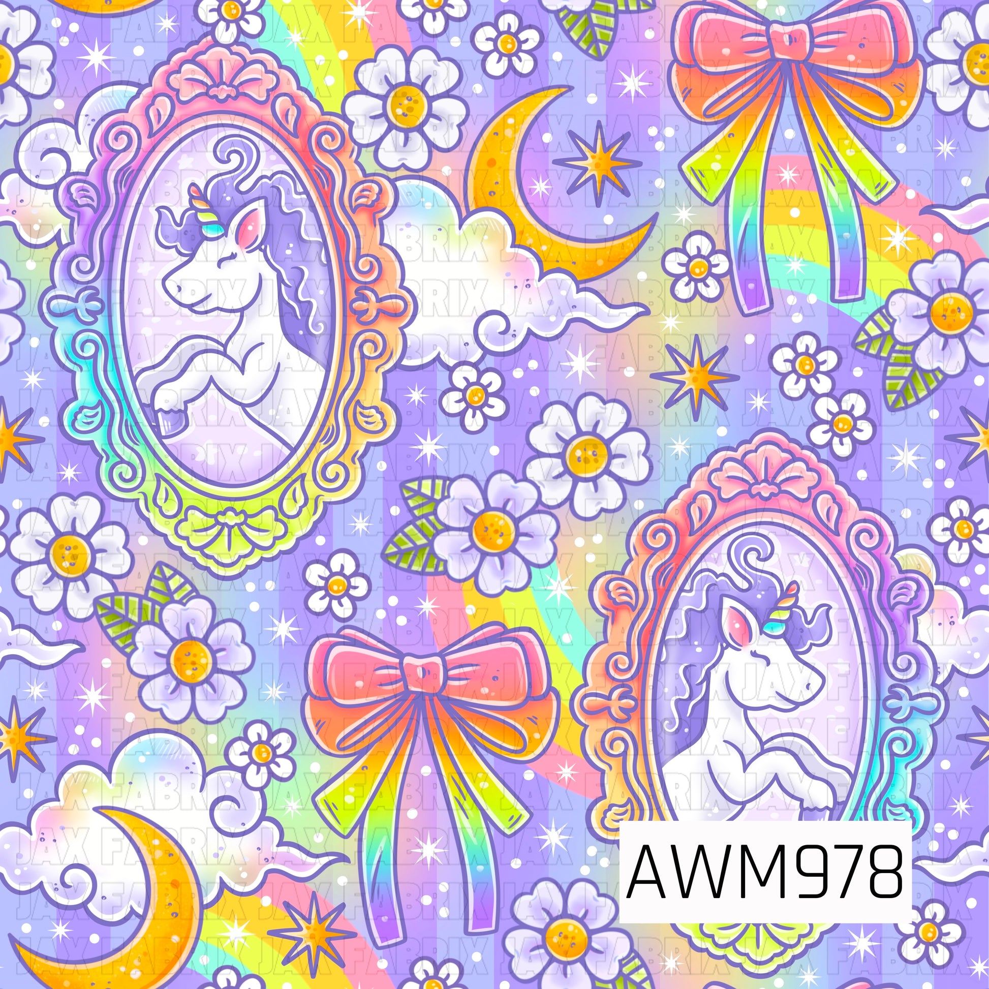 This dreamy seamless pattern features elegant unicorn portraits framed in ornate rainbow-accented mirrors, surrounded by pastel rainbows, crescent moons, fluffy clouds, sparkling stars, delicate flowers, and colorful ribbon bows. Set against a soft lavender background, the design blends shades of purple, pink, yellow, blue, and green for a whimsical fairy-tale aesthetic. Perfect for fabric, accessories, nursery décor, and magical handmade projects.
