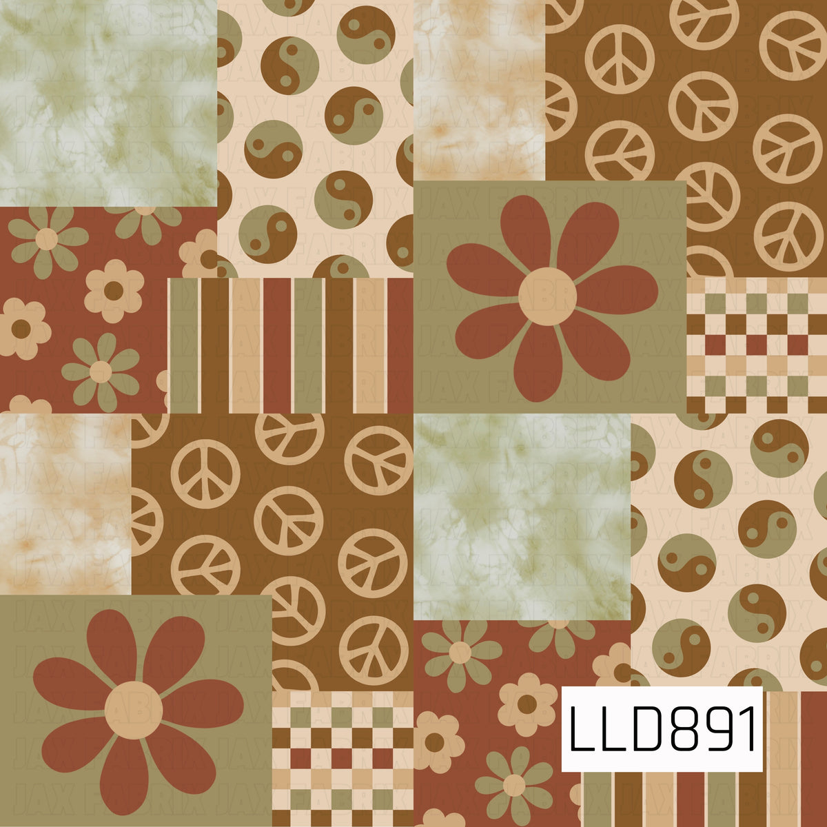 A retro patchwork design featuring warm earthy tones of rust, olive green, tan, cream, and brown. The pattern combines oversized groovy florals, yin-yang symbols, peace signs, stripes, gingham checks, smaller daisies, and softly textured tie-dye blocks for a vintage boho feel.
