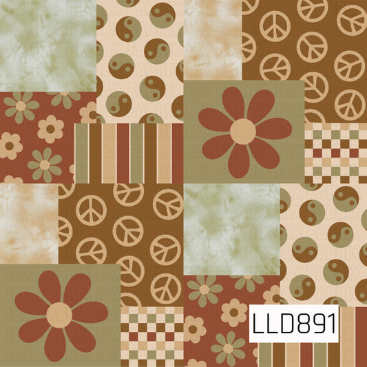 A retro patchwork design featuring warm earthy tones of rust, olive green, tan, cream, and brown. The pattern combines oversized groovy florals, yin-yang symbols, peace signs, stripes, gingham checks, smaller daisies, and softly textured tie-dye blocks for a vintage boho feel.
