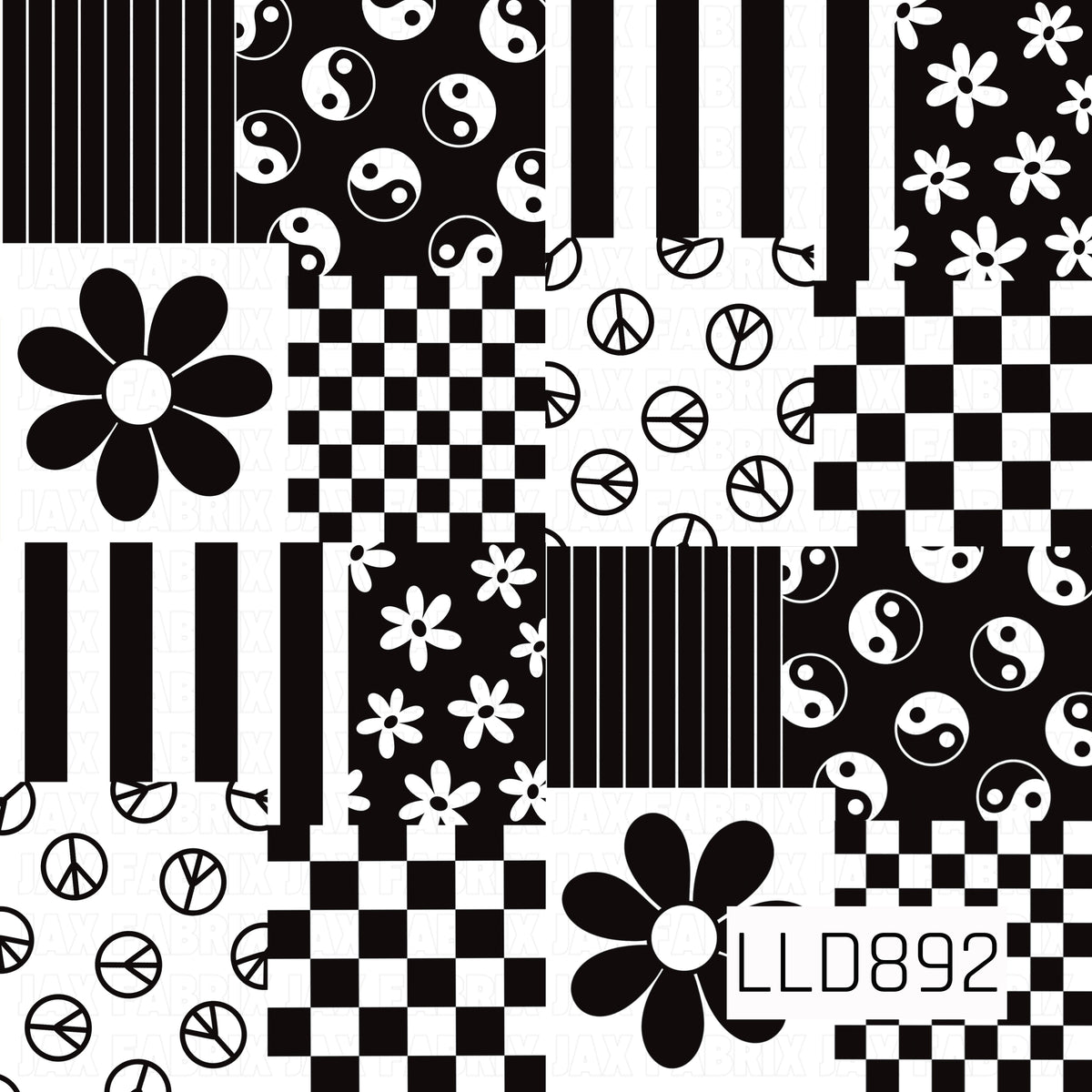 A bold black-and-white patchwork design featuring a mix of retro-inspired patterns, including checkerboards, vertical stripes, yin-yang symbols, peace signs, and groovy daisies. The high-contrast monochrome palette gives it a fun, funky vintage feel.
