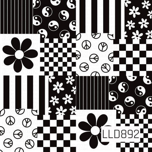 A bold black-and-white patchwork design featuring a mix of retro-inspired patterns, including checkerboards, vertical stripes, yin-yang symbols, peace signs, and groovy daisies. The high-contrast monochrome palette gives it a fun, funky vintage feel.

