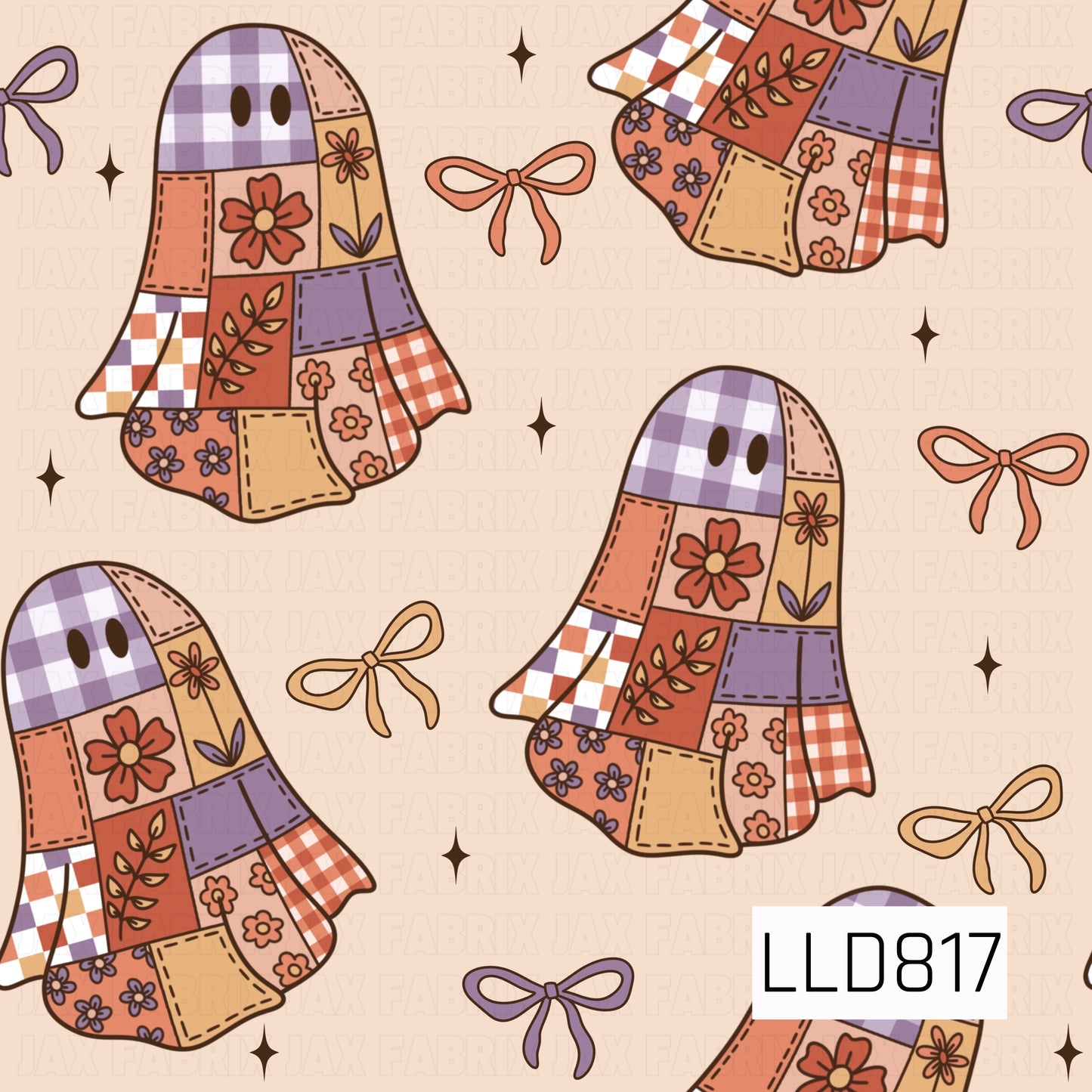 Patchwork ghosts featuring stitched quilt-inspired blocks with gingham, florals, and leafy prints in terracotta, peach, lavender, cream, and mustard, accented with simple bows and tiny stars.
