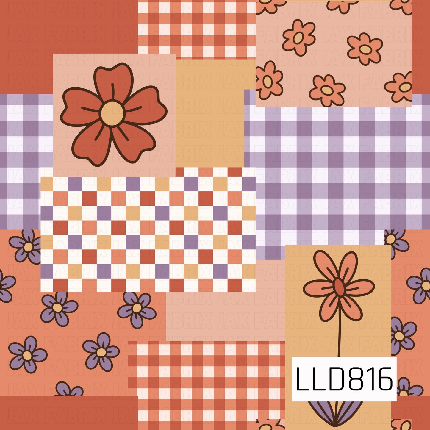 Patchwork-inspired collage featuring coordinating gingham, checkered, floral, and solid blocks in terracotta, peach, lavender, cream, and mustard tones with simple floral accents.

