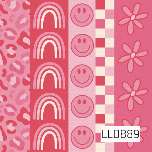 A playful pink patchwork design featuring alternating vertical panels of leopard spots, retro rainbows, smiley faces, bold checkerboard stripes, and oversized daisies. Shades of pink, coral, red, and cream give the pattern a bright, groovy retro feel.
