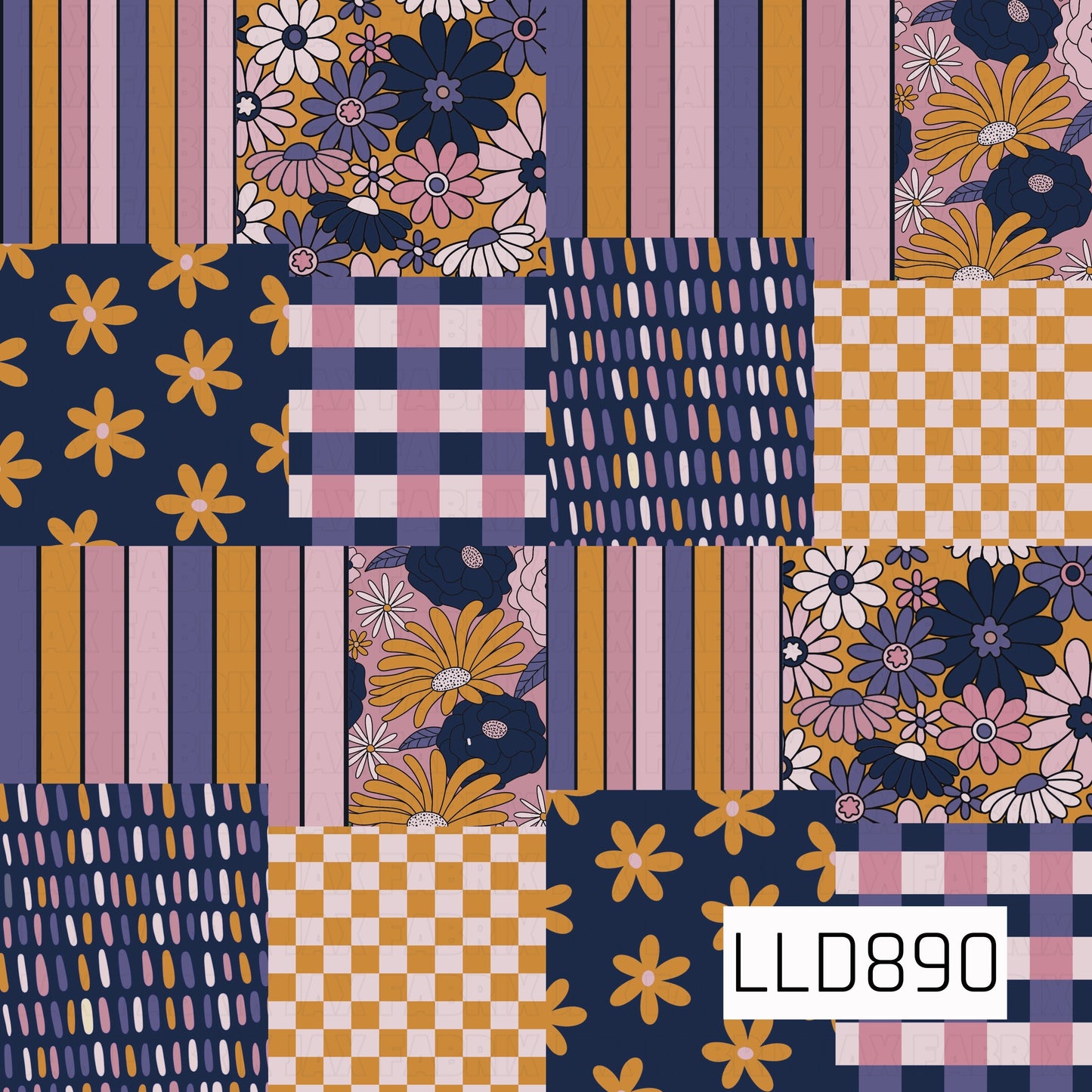 A retro patchwork design featuring a mix of bold florals, vertical stripes, gingham checks, scattered daisies, and playful dash patterns. A warm palette of navy, dusty pink, lavender, cream, and mustard gives the design a cozy vintage-inspired feel.
