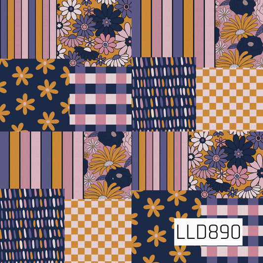 A retro patchwork design featuring a mix of bold florals, vertical stripes, gingham checks, scattered daisies, and playful dash patterns. A warm palette of navy, dusty pink, lavender, cream, and mustard gives the design a cozy vintage-inspired feel.
