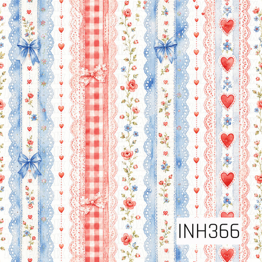 A seamless striped pattern featuring delicate watercolor lace, gingham, dainty florals, satin bows, and heart accents in classic shades of red, white, and blue. Soft floral vines and vintage-inspired ribbon details create a sweet Americana design with a charming cottagecore feel.
