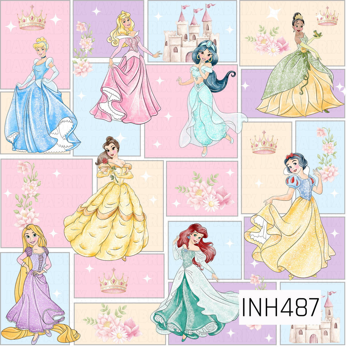 A dreamy fairytale princess design featuring beloved storybook-inspired princesses dressed in shimmering pastel gowns. Each princess is framed by a patchwork of soft pink, lavender, blue, and cream backgrounds accented with delicate watercolor florals, sparkling crowns, magical castles, and twinkling stars. The mix of glittery details and romantic pastel colors gives this print an elegant, whimsical storybook feel.