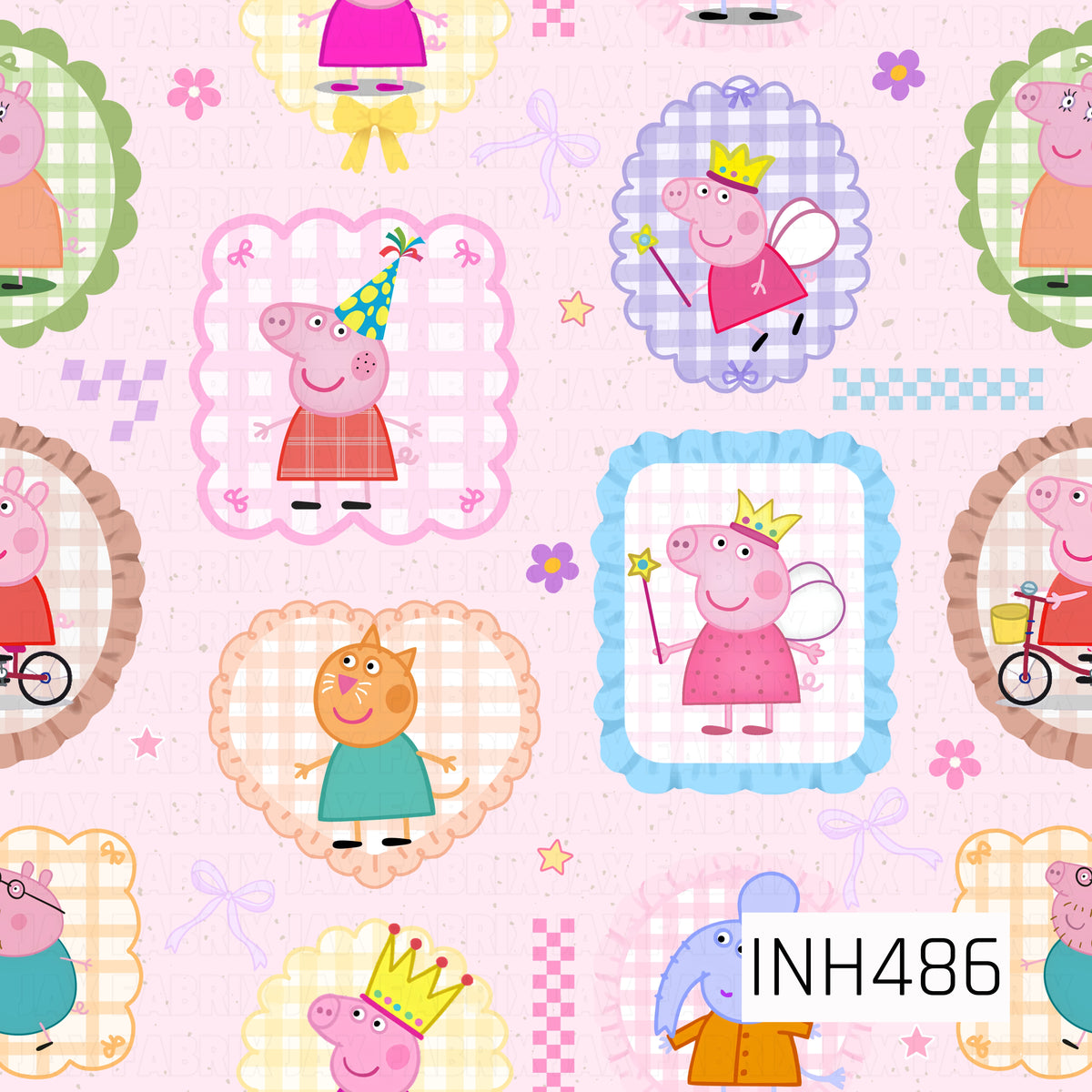 A playful storybook-inspired print featuring cheerful pig characters, fairies, crowns, party hats, bicycles, and other familiar friends. Each character is framed in colorful gingham and scalloped shapes, with scattered bows, flowers, stars, and checkerboard accents throughout. Soft pinks and pastels mixed with pops of bright color give it a sweet, whimsical feel.