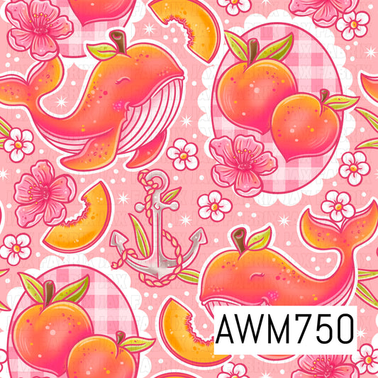 This playful seamless pattern features smiling whales with peach accents, juicy peaches, peach slices, blooming flowers, anchors, and scattered sparkles on a soft pink background. Bright shades of peach, coral, pink, and white create a sweet coastal aesthetic with whimsical hand-drawn details.