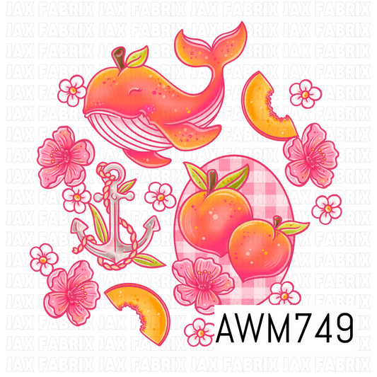 This cheerful PNG features a smiling whale with peach-inspired accents, juicy peaches, peach slices, blooming pink flowers, a nautical anchor, and sparkling stars in bright shades of peach, coral, pink, and white. Perfect for creating stickers, sublimation designs, apparel, tumblers, planners, stationery, and other fun coastal-inspired crafts.