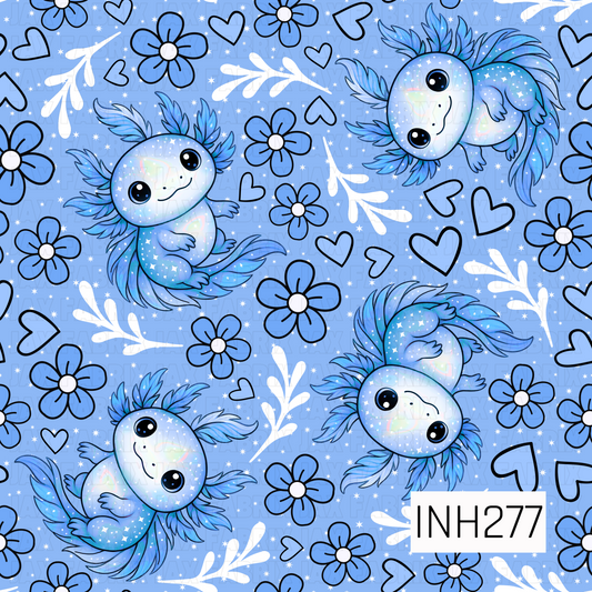 Pattern of blue axolotls, flowers, and hearts on a blue background