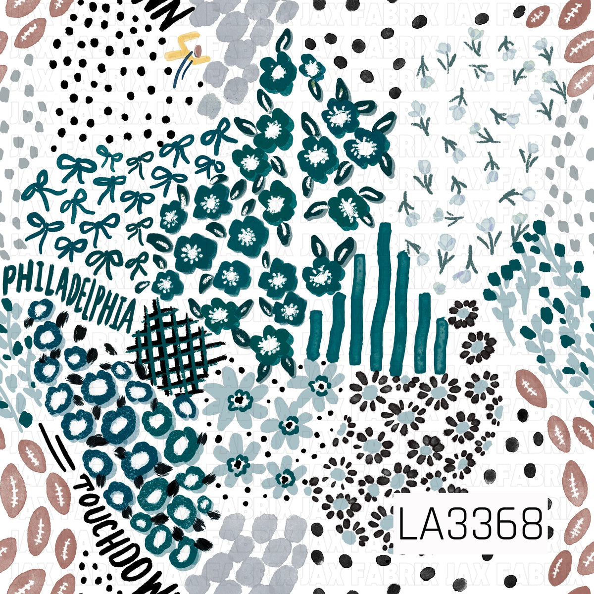 A Philadelphia-inspired game day print featuring rich teal, black, white, and soft gray in a playful hand-drawn style. Bold florals, scattered bows, footballs, leafy sprigs, abstract dots, stripes, and sketchy grid accents fill the design, with “Philadelphia” and “Touchdown” lettering mixed throughout.
