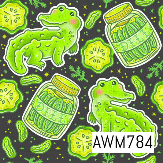 A playful seamless pattern featuring adorable green alligators, jars of pickles, pickle slices, fresh dill sprigs, and scattered stars on a charcoal gray background. This fun food-inspired design is perfect for apparel, quilts, blankets, kitchen accessories, bows, bags, and other quirky sewing and crafting projects.