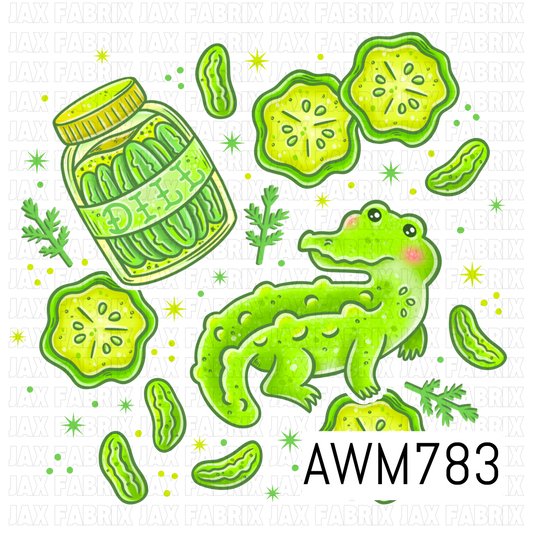 A playful PNG featuring an adorable green alligator, a jar of pickles, pickle slices, fresh dill sprigs, and scattered stars in bright lime green tones. This fun food-inspired artwork is perfect for apparel, bows, bags, stickers, tumblers, kitchen accessories, and other quirky sewing and crafting projects.