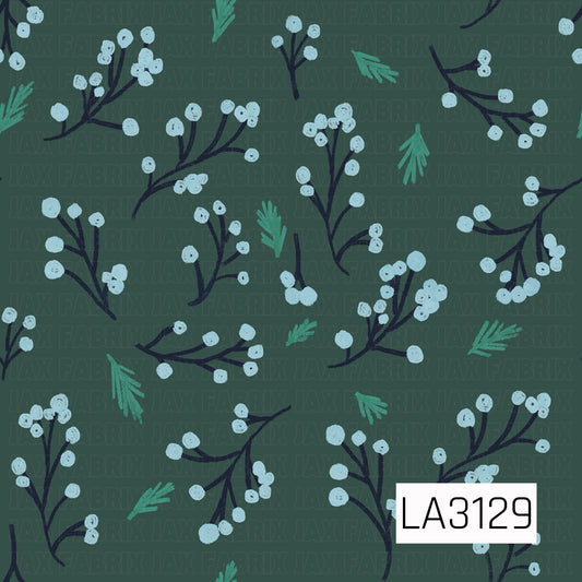A hand-drawn winter botanical pattern featuring icy blue berry clusters on deep navy branches, scattered with simple teal evergreen sprigs. Set against a muted forest green background for a cozy, rustic winter feel.
