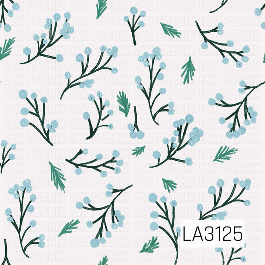 A delicate winter botanical pattern featuring dark green branches dotted with soft icy blue berries, accented by scattered evergreen sprigs. The hand-drawn, textured details sit against a crisp white background for a fresh, wintry look.
