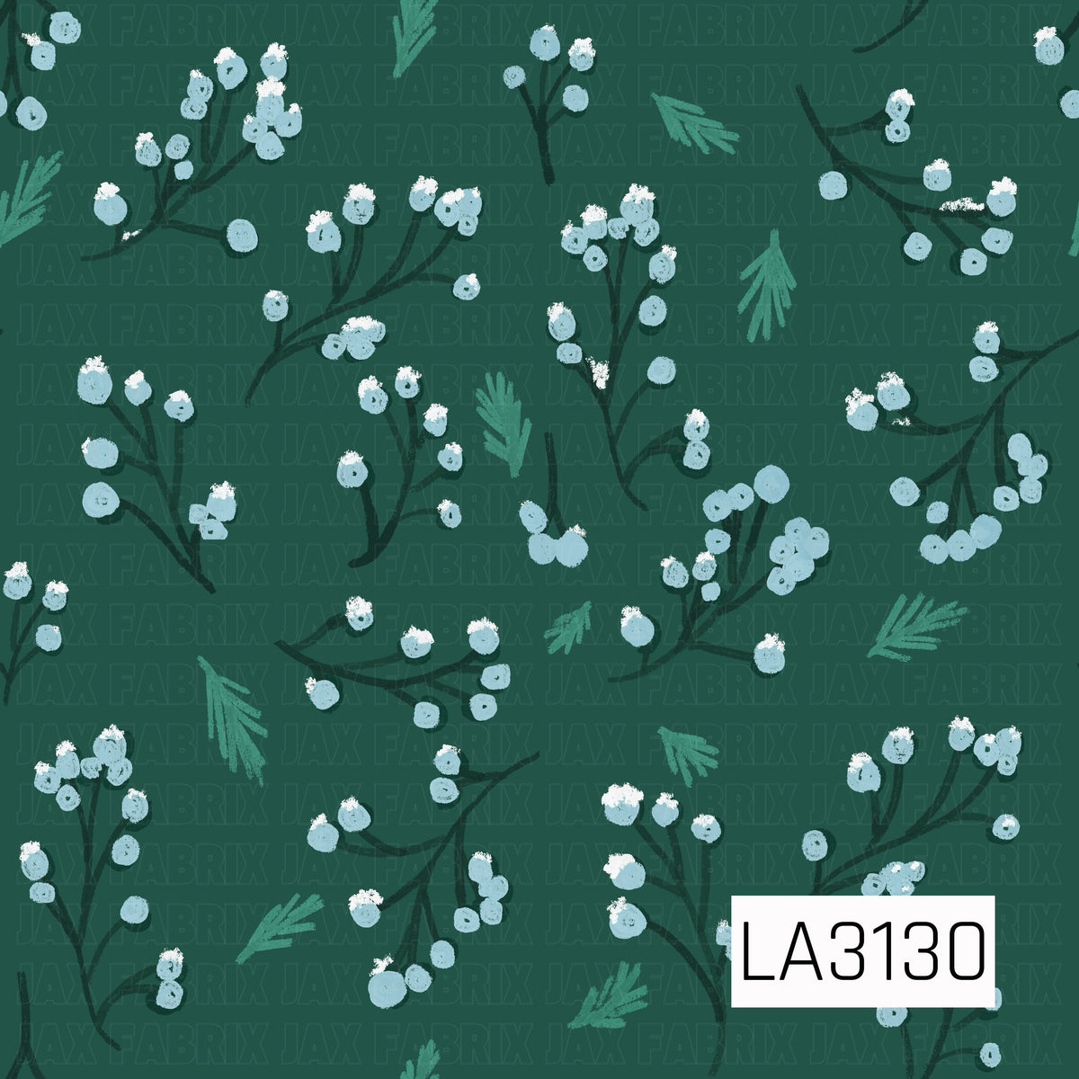 A hand-drawn winter botanical pattern featuring frosty light blue berries with snowy white accents on dark evergreen branches. Scattered pine sprigs add extra texture against the rich forest green background, creating a cozy winter woodland feel.
