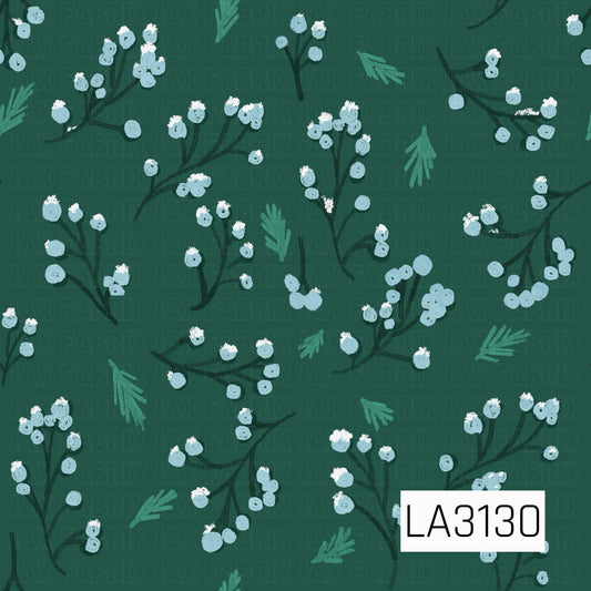 A hand-drawn winter botanical pattern featuring frosty light blue berries with snowy white accents on dark evergreen branches. Scattered pine sprigs add extra texture against the rich forest green background, creating a cozy winter woodland feel.
