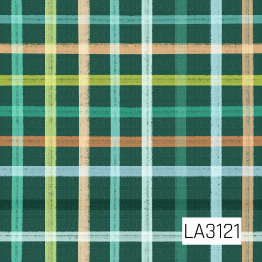 A bold plaid pattern featuring textured, hand-drawn stripes in teal, icy blue, lime green, cream, and warm tan layered over a deep forest green background. The varied stripe widths and distressed finish give the design a cozy, rustic look.
