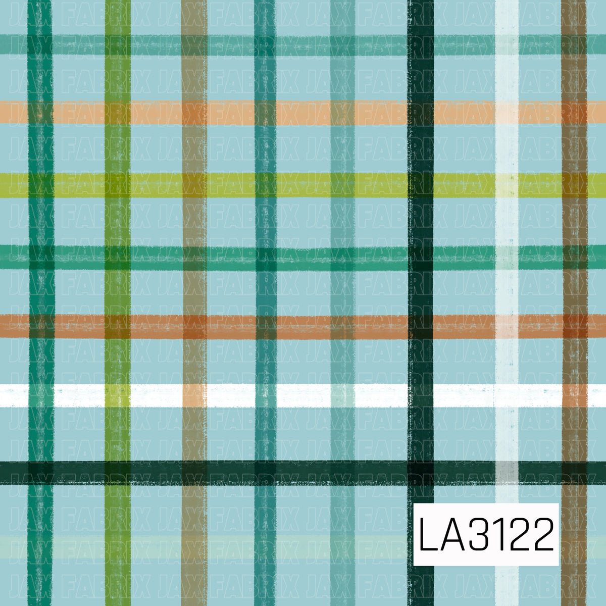 A bold plaid pattern featuring textured, hand-drawn stripes in teal, forest green, lime, white, and warm tan layered over a soft icy blue background. The varied stripe widths and distressed finish give the design a cozy, rustic look.

