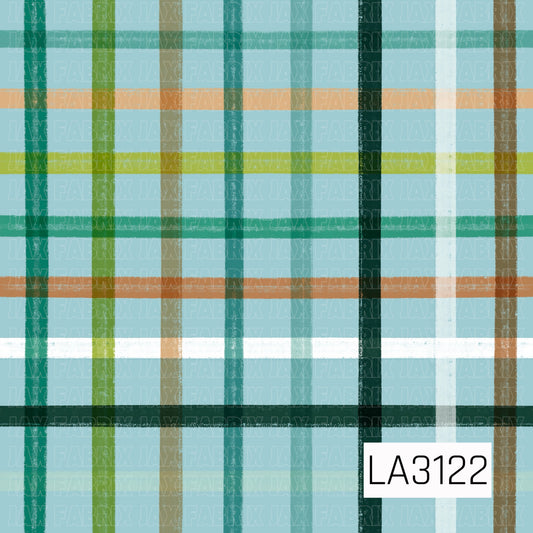 A bold plaid pattern featuring textured, hand-drawn stripes in teal, forest green, lime, white, and warm tan layered over a soft icy blue background. The varied stripe widths and distressed finish give the design a cozy, rustic look.
