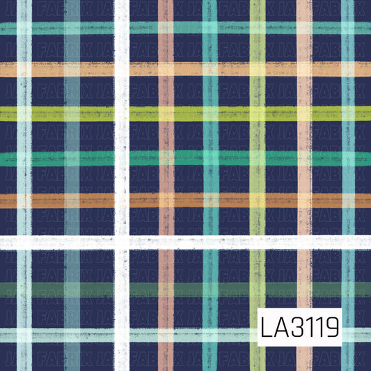 A bold plaid pattern featuring textured, hand-drawn stripes in teal, mint, white, olive green, tan, and soft blue layered over a deep navy background. The varying stripe widths and slightly distressed finish give the design a cozy, rustic feel.
