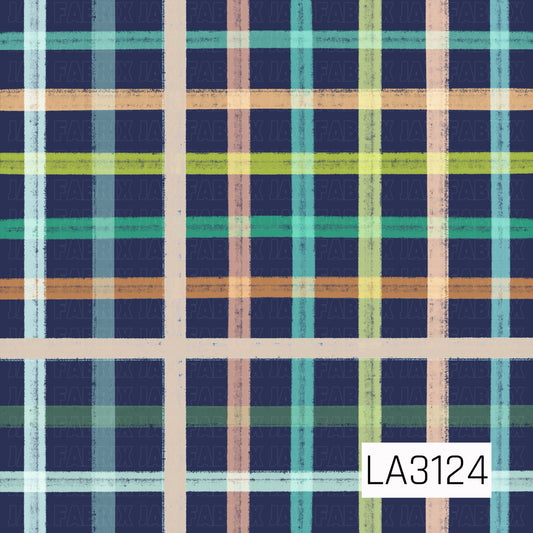 A bold plaid pattern featuring textured, hand-drawn stripes in teal, icy blue, lime green, cream, and warm tan layered over a deep navy background. The varied stripe widths and distressed finish give the design a cozy, rustic feel.
