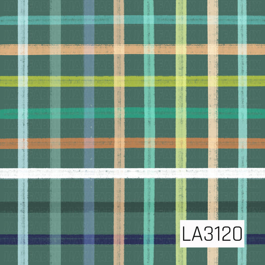 A bold plaid pattern featuring textured, hand-drawn stripes in teal, icy blue, lime green, tan, cream, and navy layered over a muted pine green background. The varying stripe widths and distressed texture give the design a cozy, rustic feel.
