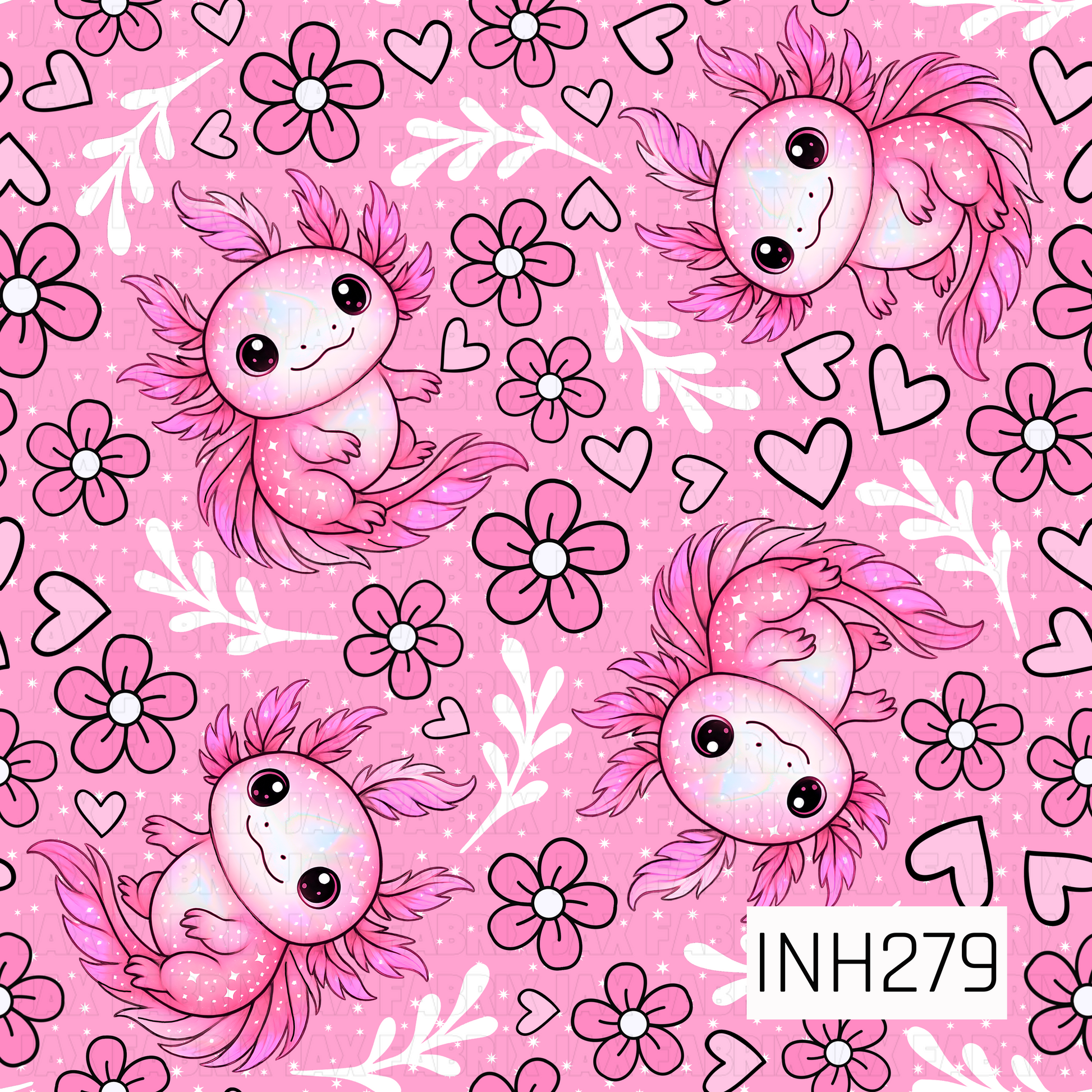Pattern of pink axolotls , flowers and hearts on a pink background 