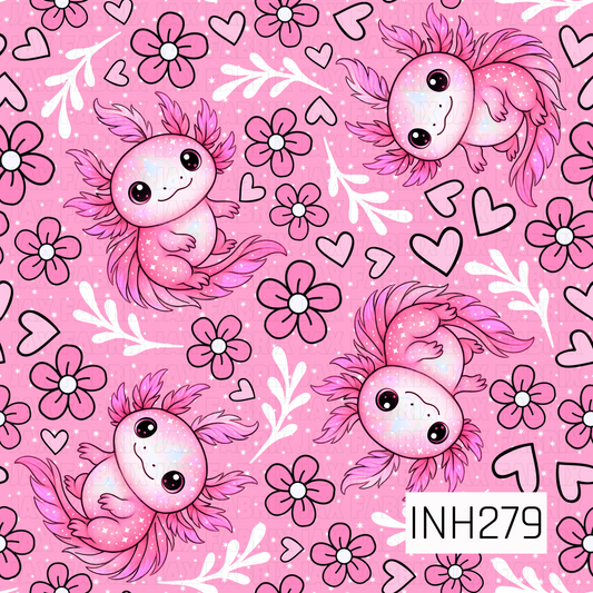 Pattern of pink axolotls , flowers and hearts on a pink background 