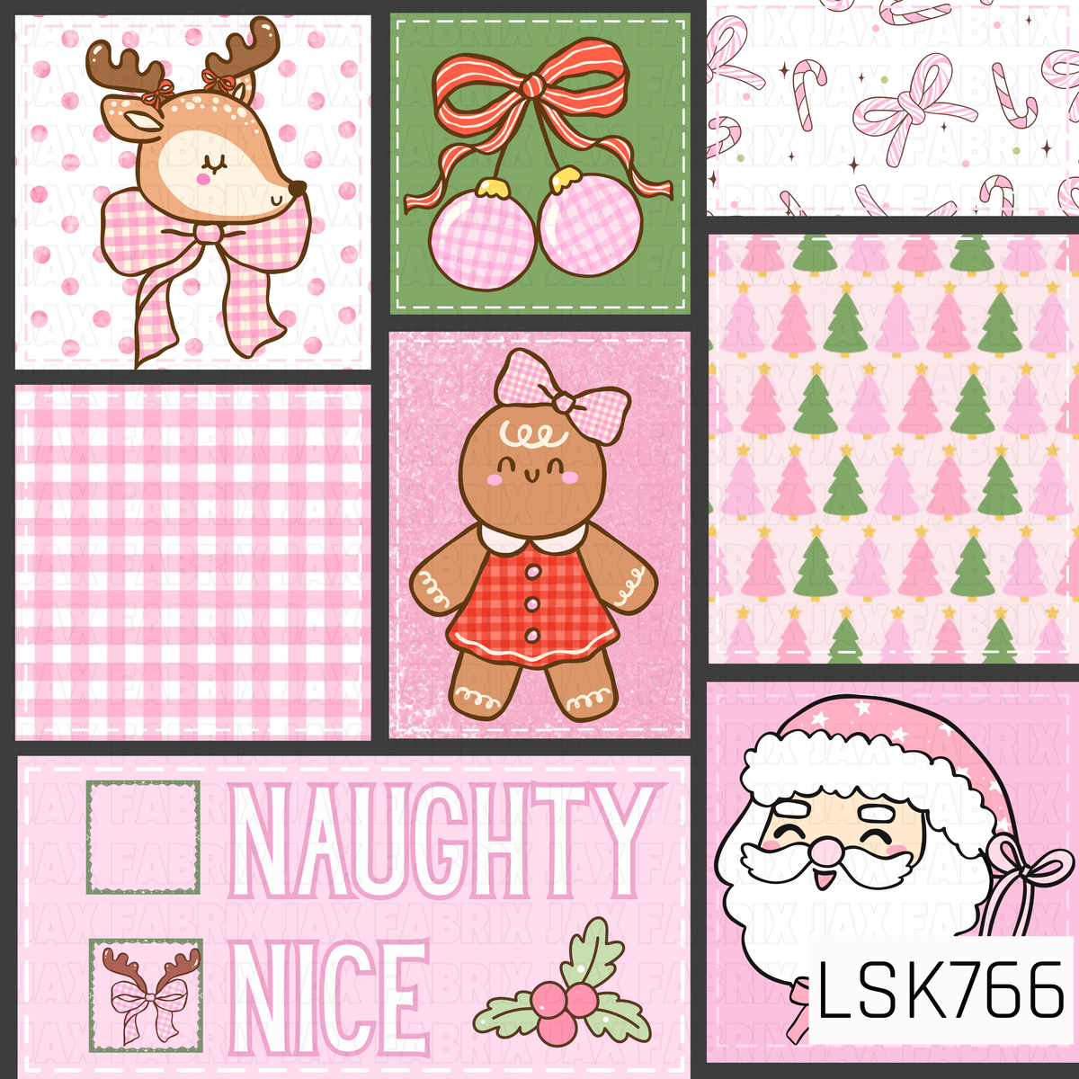 A sweet and playful pink Christmas patchwork design featuring a bow-wearing reindeer, gingham ornaments, a gingerbread girl, candy canes, colorful Christmas trees, and a cheerful pink Santa. Pink gingham, stitched details, and a “Naughty or Nice” panel bring the whole girly holiday collection together.