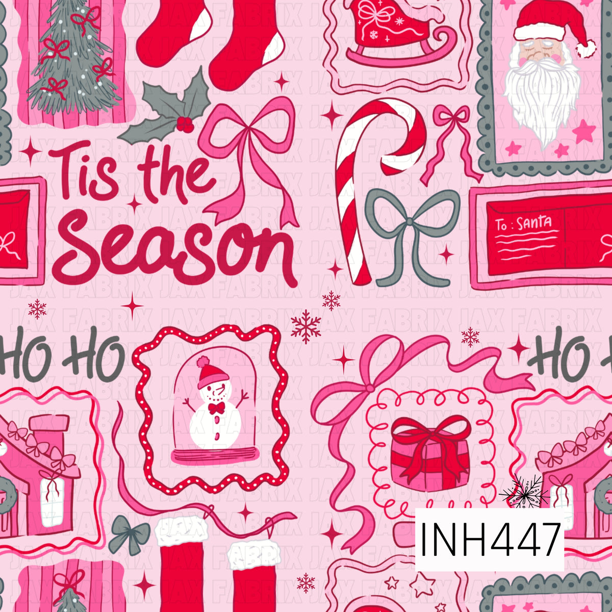 A playful pink Christmas pattern filled with festive holiday illustrations including stockings, candy canes, bows, Santa, snowmen, gifts, Christmas trees, and framed seasonal scenes. Shades of pink and red are accented with soft gray, white, and touches of holly for a fun, girly holiday look.
