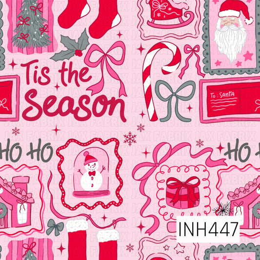 A playful pink Christmas pattern filled with festive holiday illustrations including stockings, candy canes, bows, Santa, snowmen, gifts, Christmas trees, and framed seasonal scenes. Shades of pink and red are accented with soft gray, white, and touches of holly for a fun, girly holiday look.
