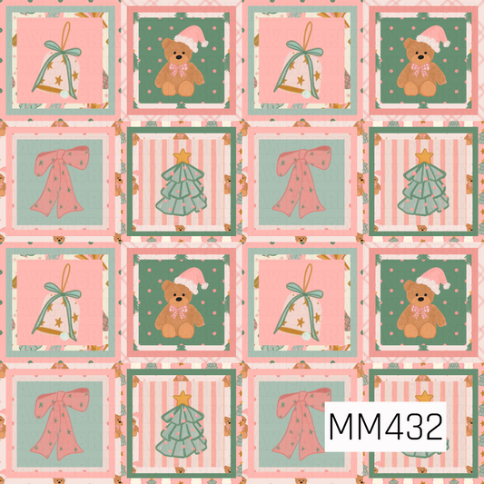 A whimsical patchwork Christmas pattern featuring festive squares filled with teddy bears in Santa hats, oversized pink bows, vintage-style bells, and Christmas trees. Soft pinks, mint greens, warm cream, and touches of gold are layered with stripes, polka dots, and playful borders for a sweet retro holiday look.
