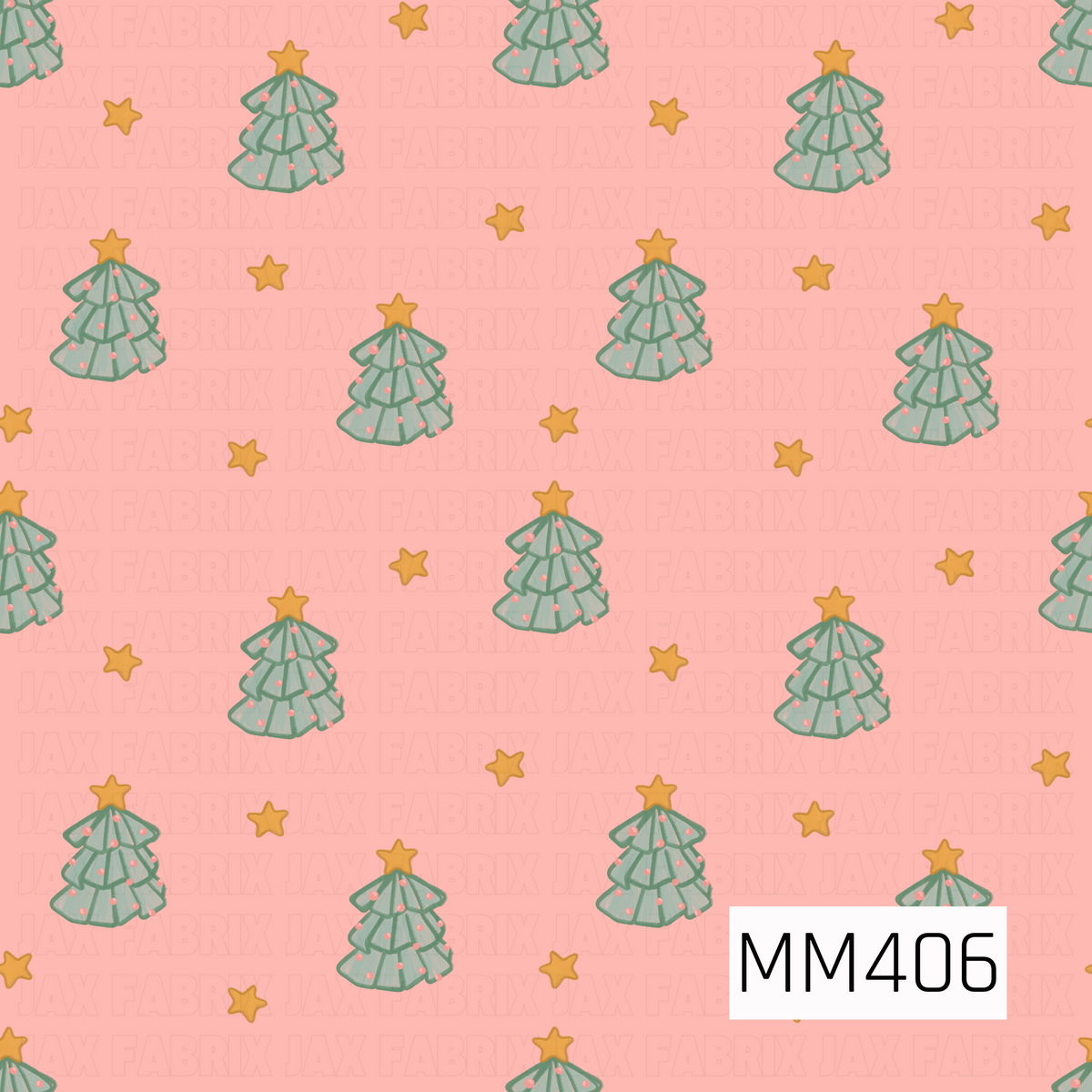 A whimsical Christmas pattern featuring hand-drawn mint green trees decorated with tiny pink ornaments and topped with golden stars. Scattered gold stars fill the warm pink background, creating a playful pastel holiday design.

