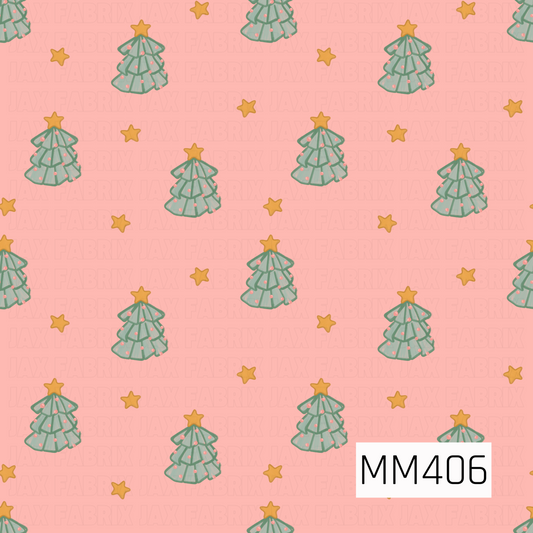 A whimsical Christmas pattern featuring hand-drawn mint green trees decorated with tiny pink ornaments and topped with golden stars. Scattered gold stars fill the warm pink background, creating a playful pastel holiday design.
