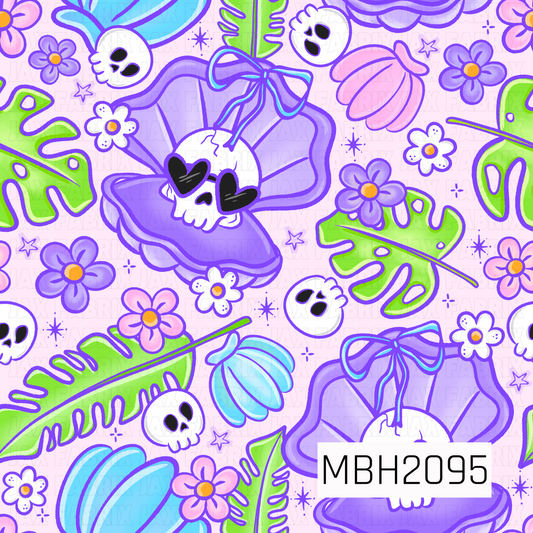 cartoon looking pattern with an open oyster with a skull wearing heart glasses inside  with a bow on top. Skulls, leaves, flowers, shells on a pink background . summer vibe