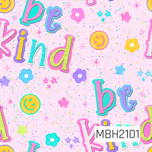 pattern with pink spotted, floral, smiley face, and star background with the words "be kind" pink, purple, teal blue, and yellow