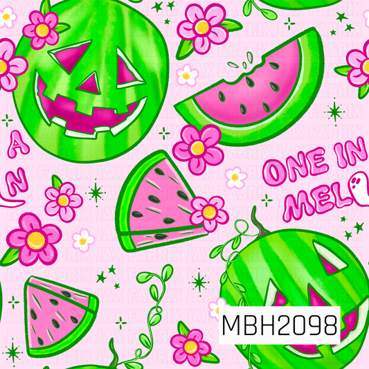 Pattern of watermelons with faces, slices, and flowers on a pinkbackground with 'ONE IN MELON' and flowers