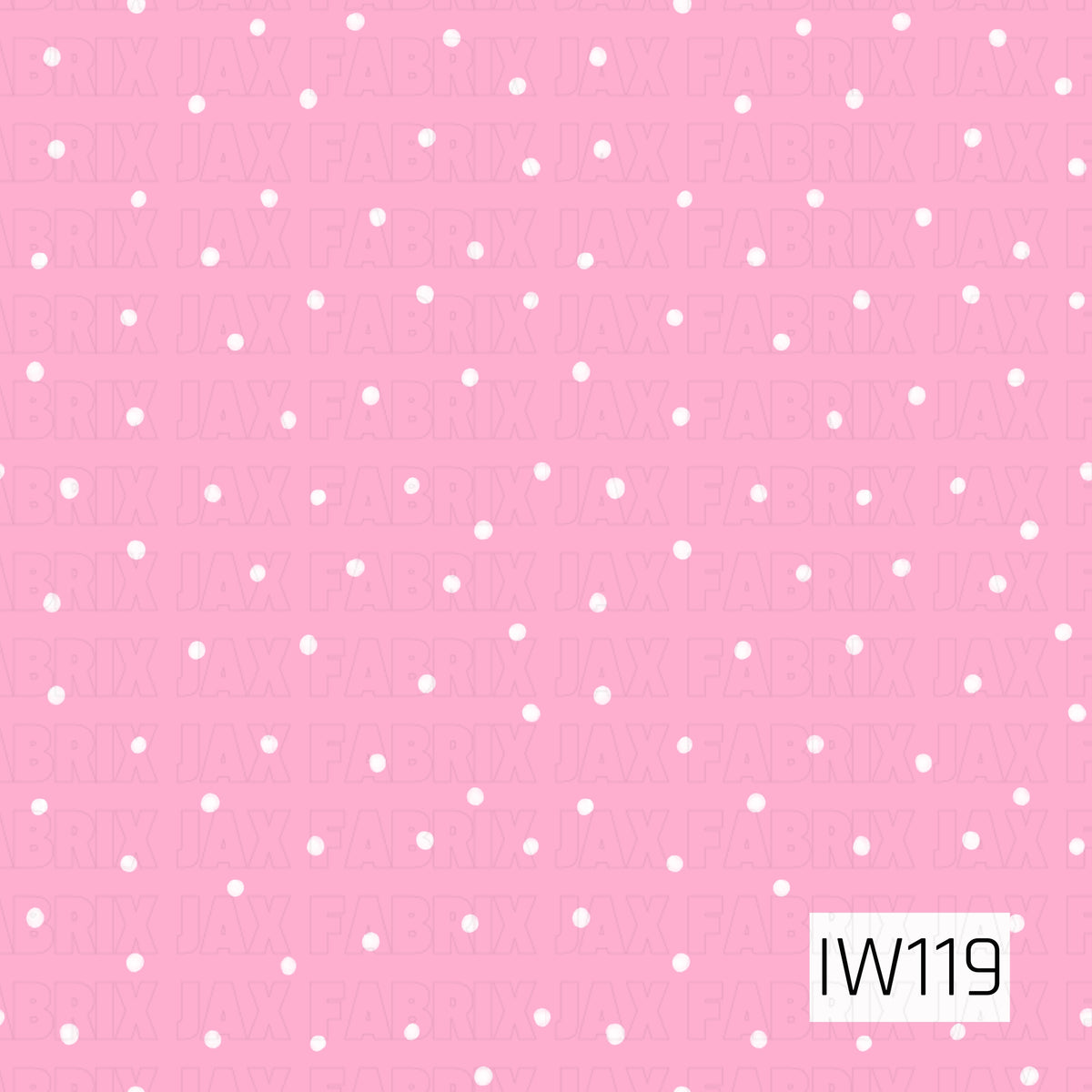 A sweet and playful seamless polka dot pattern featuring small, scattered white dots against a soft bubblegum pink background. The evenly sized dots have a slightly hand-painted texture, adding a subtle whimsical touch to this simple, classic design.