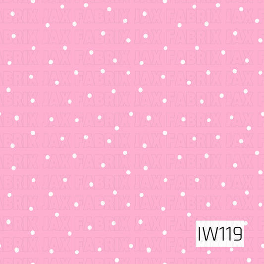 A sweet and playful seamless polka dot pattern featuring small, scattered white dots against a soft bubblegum pink background. The evenly sized dots have a slightly hand-painted texture, adding a subtle whimsical touch to this simple, classic design.