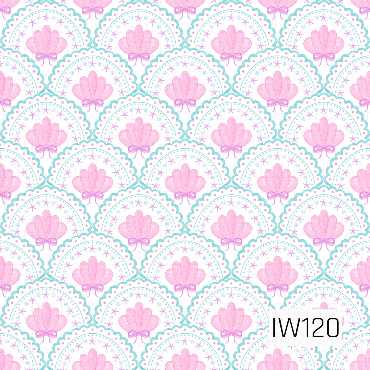 A whimsical ocean-inspired seamless pattern featuring soft watercolor pink seashells accented with delicate lavender bows. Each shell is nestled inside a scalloped aqua blue arch decorated with tiny pink dots, lavender starfish, and dainty blue swirls. The repeating design creates a charming, feminine coastal look with a playful pastel color palette against a crisp white background.
