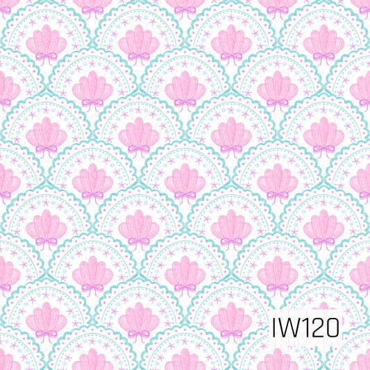 A whimsical ocean-inspired seamless pattern featuring soft watercolor pink seashells accented with delicate lavender bows. Each shell is nestled inside a scalloped aqua blue arch decorated with tiny pink dots, lavender starfish, and dainty blue swirls. The repeating design creates a charming, feminine coastal look with a playful pastel color palette against a crisp white background.