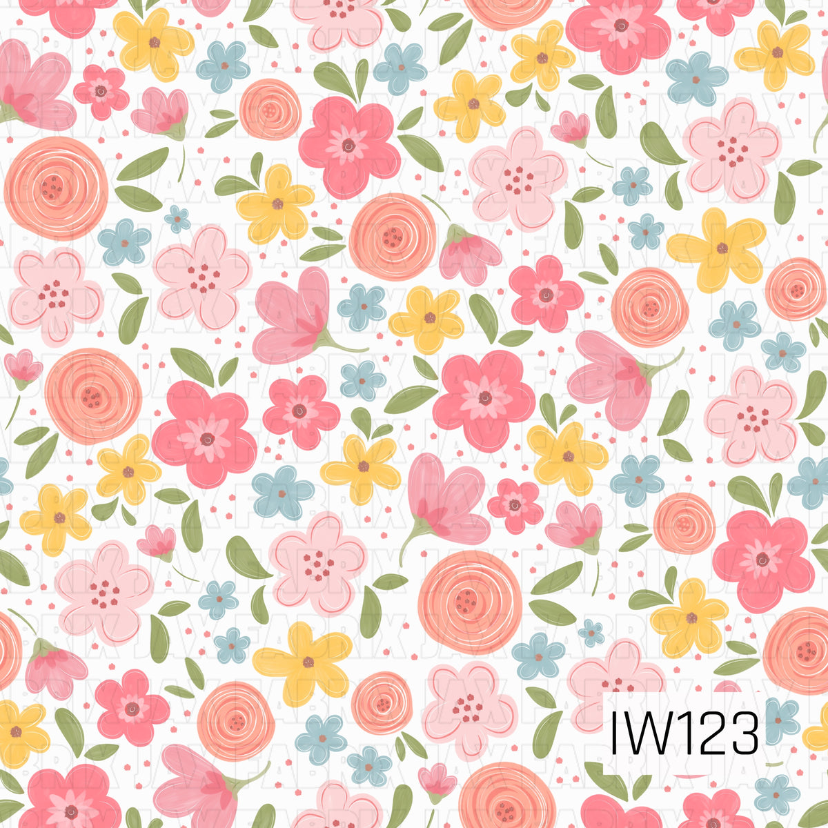 A cheerful spring-inspired seamless floral pattern featuring a playful mix of hand-drawn flowers in shades of coral pink, blush, peach, buttery yellow, and dusty blue. The whimsical blooms include delicate five-petal flowers, layered blossoms, spiral rosettes, and dainty buds, accented by soft olive green leaves and tiny scattered pink dots. The slightly textured, watercolor-style illustrations create a sweet and colorful garden-inspired design against a crisp white background.