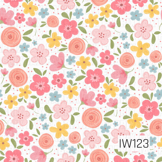 A cheerful spring-inspired seamless floral pattern featuring a playful mix of hand-drawn flowers in shades of coral pink, blush, peach, buttery yellow, and dusty blue. The whimsical blooms include delicate five-petal flowers, layered blossoms, spiral rosettes, and dainty buds, accented by soft olive green leaves and tiny scattered pink dots. The slightly textured, watercolor-style illustrations create a sweet and colorful garden-inspired design against a crisp white background.