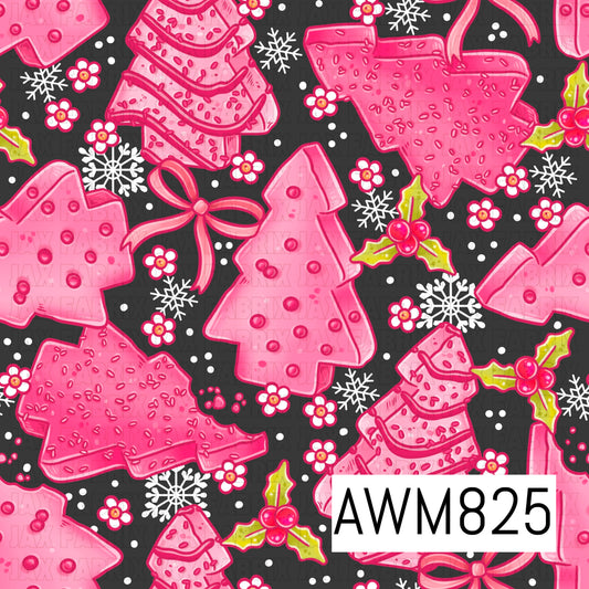 A festive Christmas seamless pattern featuring pink cookie-shaped  Christmas trees, bows, and cozy knit-inspired designs, accented with holly, snowflakes, and tiny flowers. Set against a charcoal gray background with scattered white dots, this playful design combines bright pinks with cheerful holiday details for a fun, whimsical look.