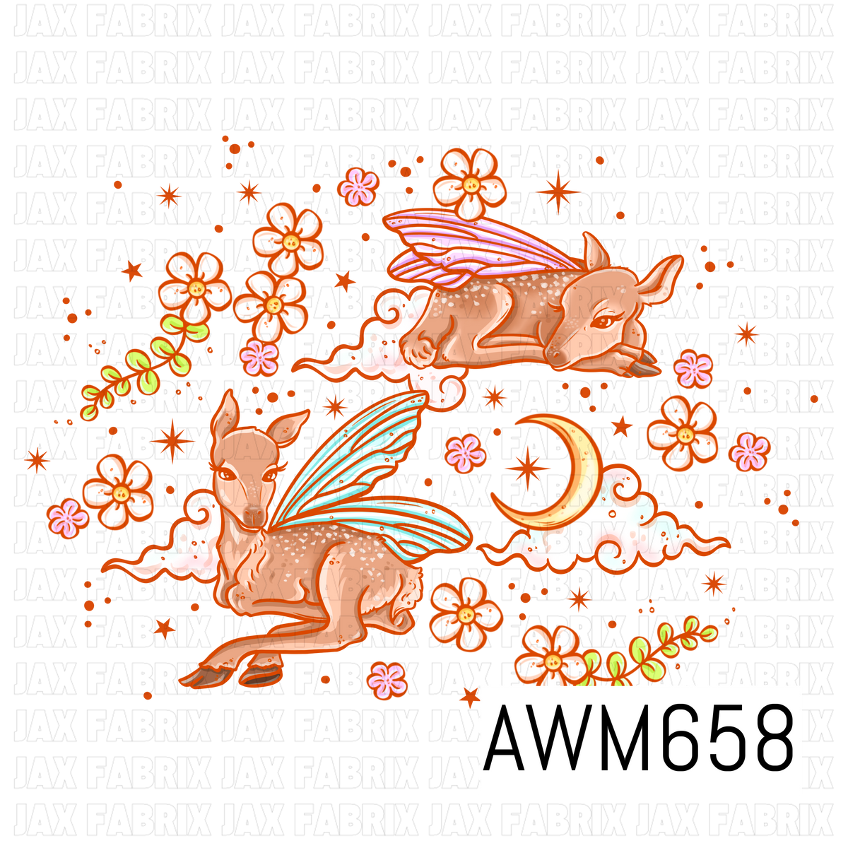 A whimsical fairy deer PNG featuring two sweet spotted fawns with pastel aqua and lavender wings, surrounded by fluffy clouds, a golden crescent moon, delicate flowers, leafy sprigs and scattered stars. Soft peach, pink, aqua and yellow tones give it a dreamy magical feel.