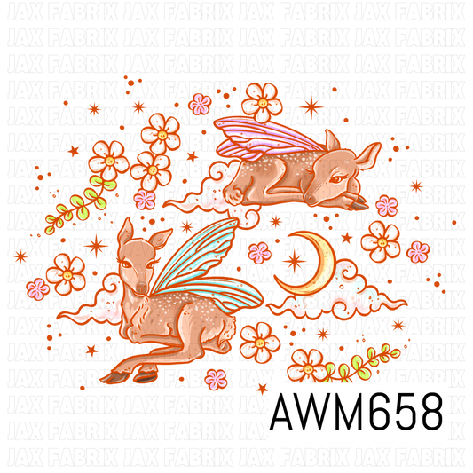 A whimsical fairy deer PNG featuring two sweet spotted fawns with pastel aqua and lavender wings, surrounded by fluffy clouds, a golden crescent moon, delicate flowers, leafy sprigs and scattered stars. Soft peach, pink, aqua and yellow tones give it a dreamy magical feel.
